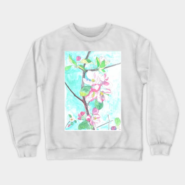 Pink apple blossom with blue sky in watercolor Crewneck Sweatshirt by esvb